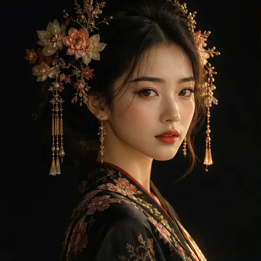 Editorial portrait with floral hair ornaments against a dark background