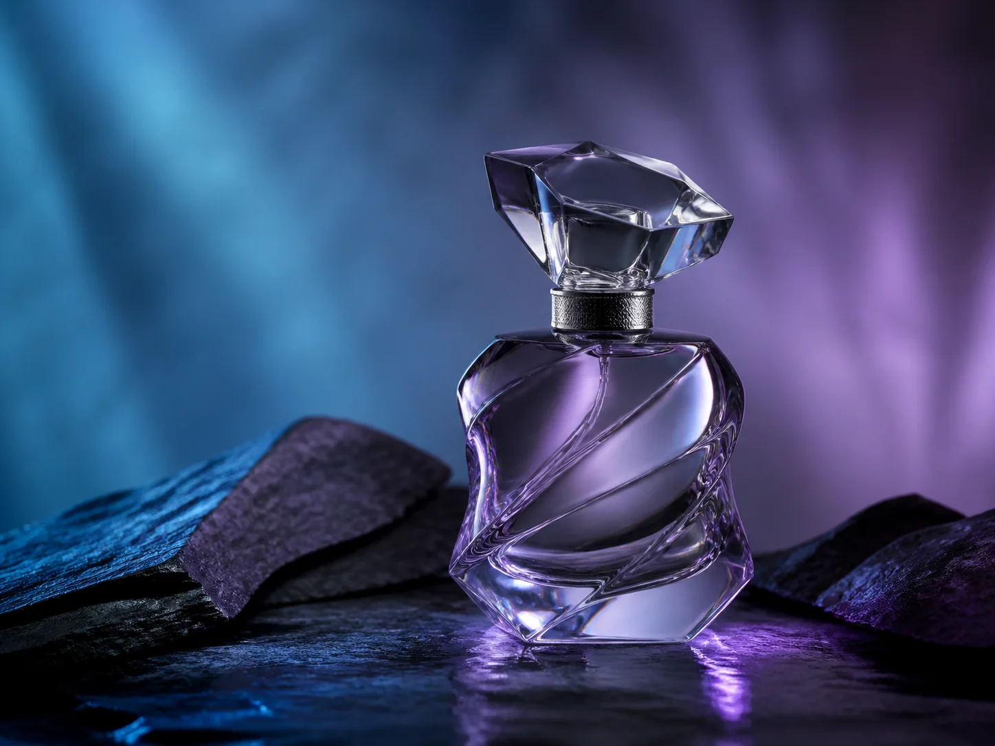 Violet perfume bottle photographed under blue and purple studio lighting